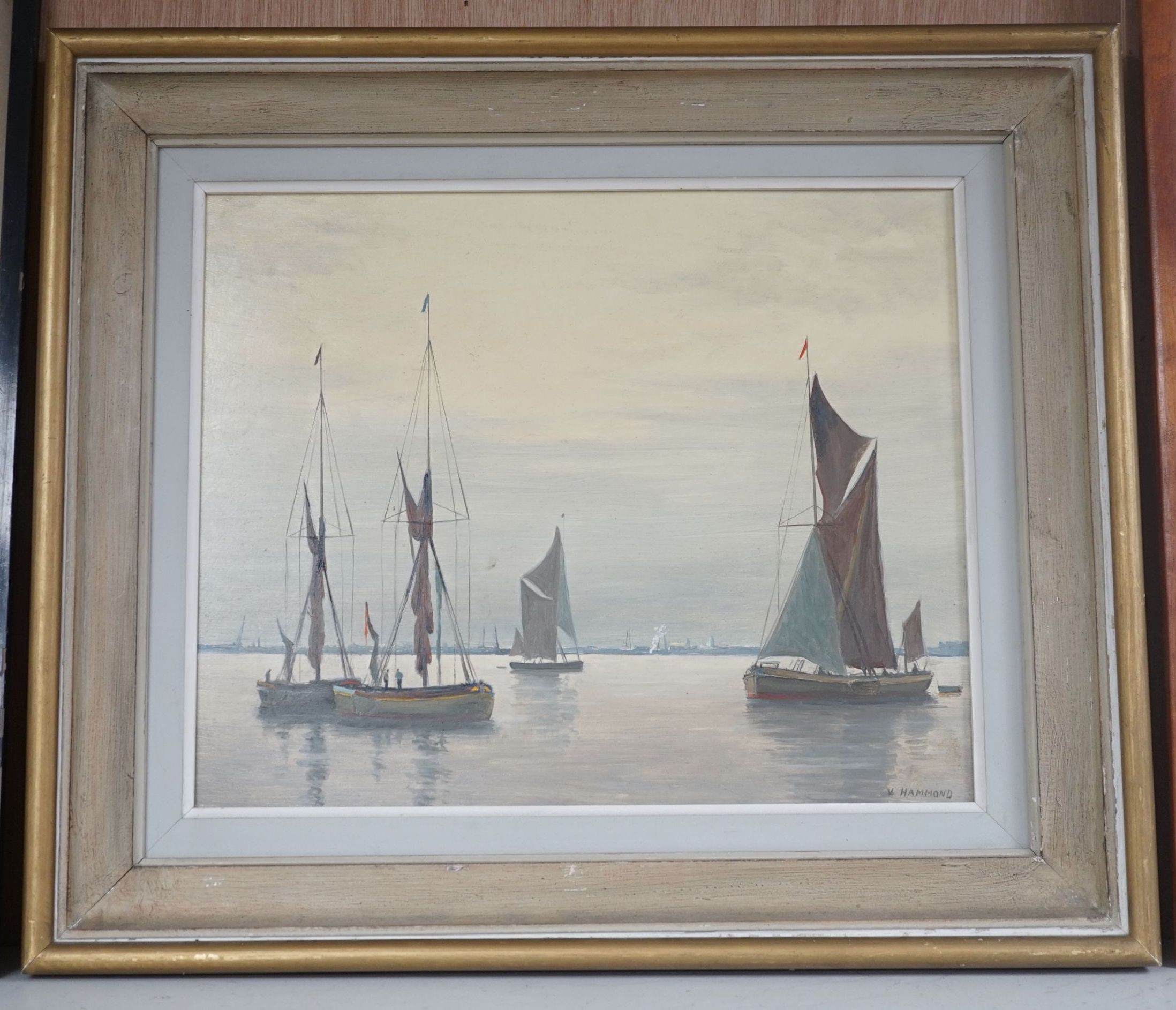 Alfred Vavasour Hammond (1900-1985), oil on board, Sail barges in harbour, signed, 32 x 39cm